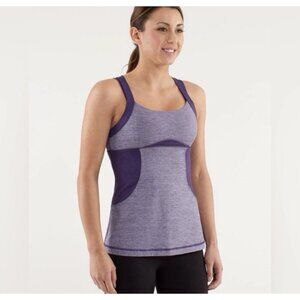 LULULEMON CHATURANGA TANK HEATHERED CONCORD GRAPE ZIPPERED BACK POCKET SIZE 12